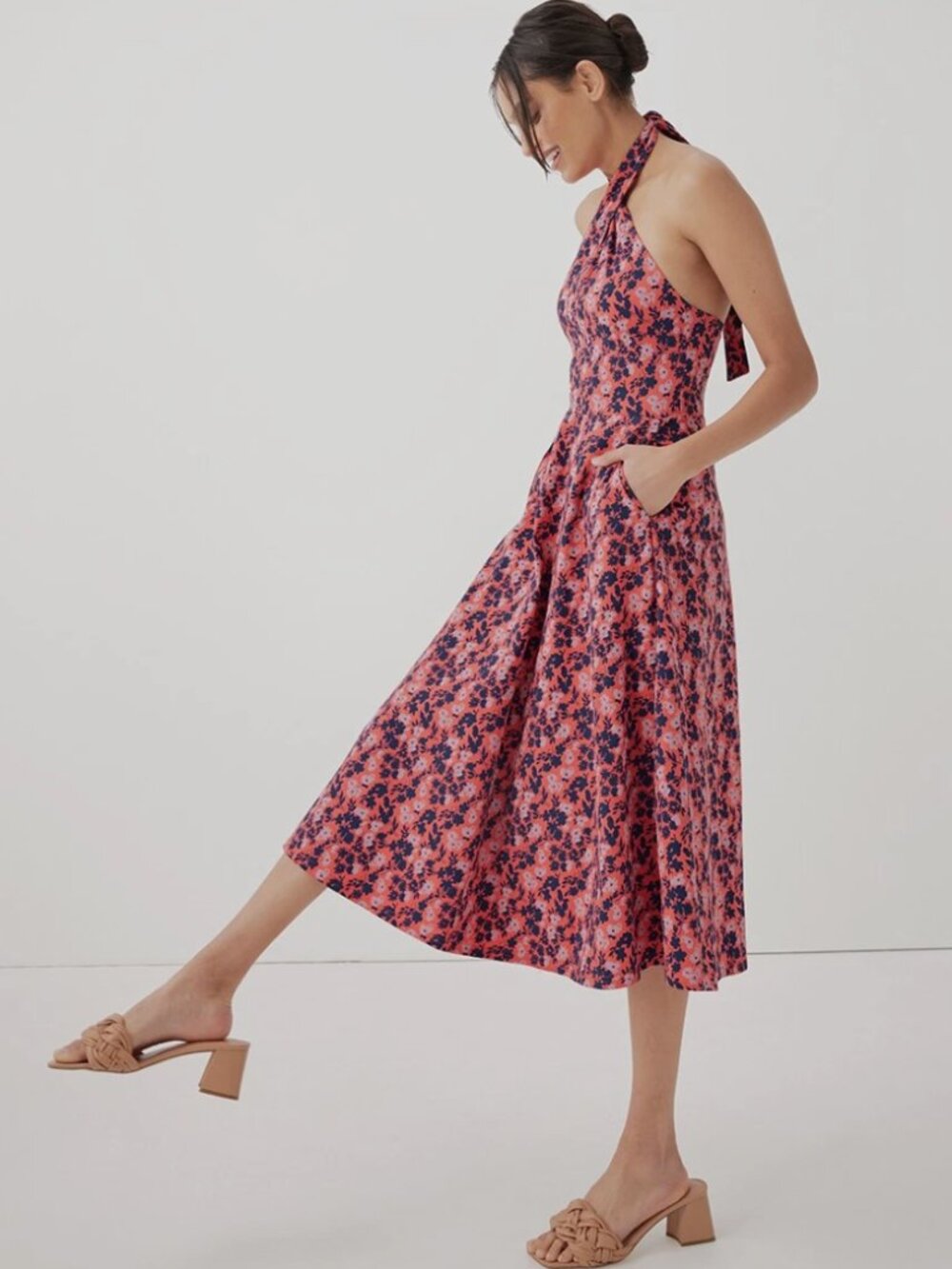 EUC Pact Fit & Flare Modern Halter Midi Dress Sweet Floral Cayenne Medium